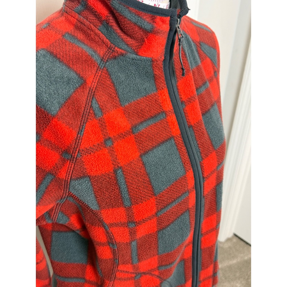 Merona Womens Red Gray Plaid Fleece Full Zip Jacket Mock Neck Size Medium - Picture 2 of 7